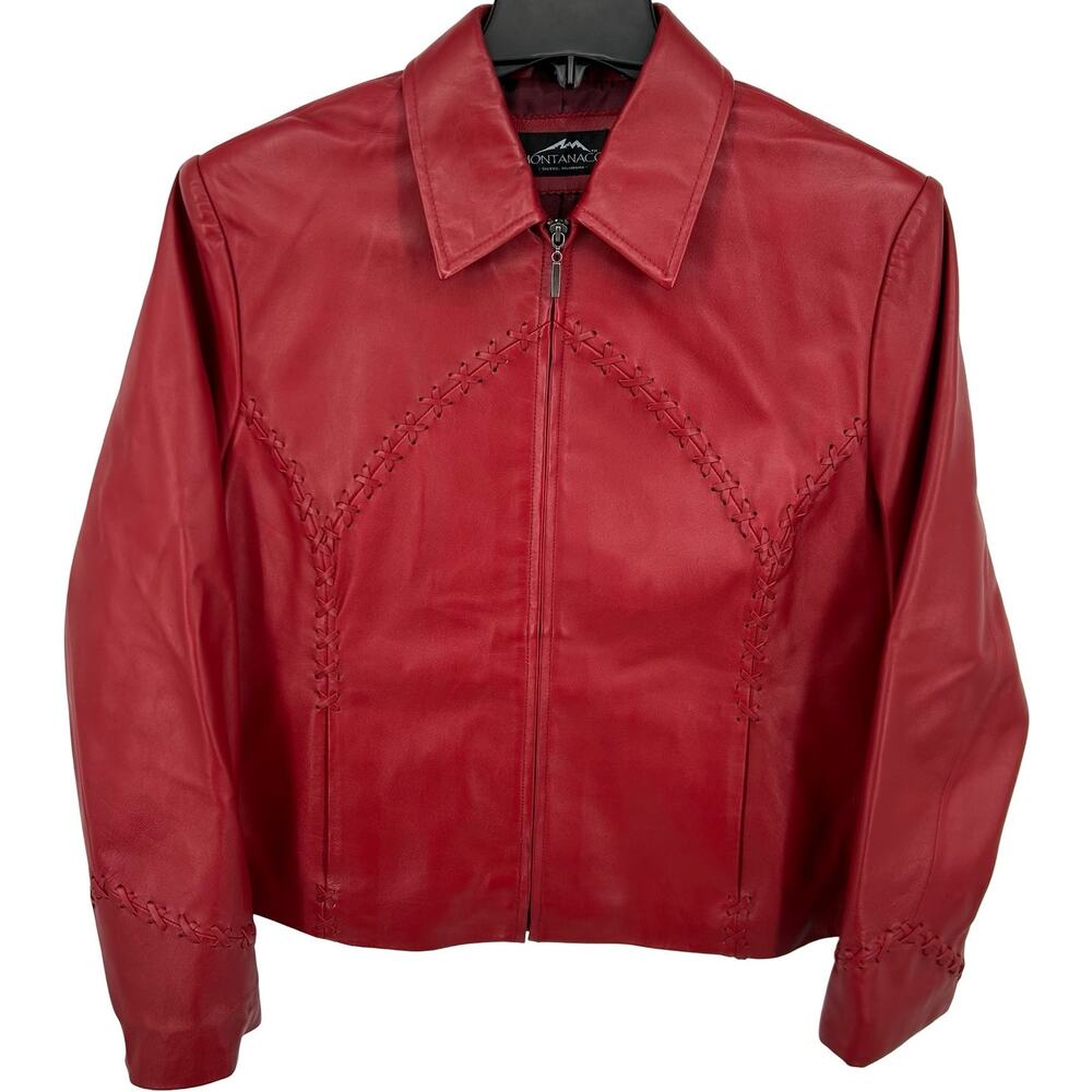 Women's Red Braided Lattice Western Cowgirl Montanaco 100% Leather Zip Jacket XL